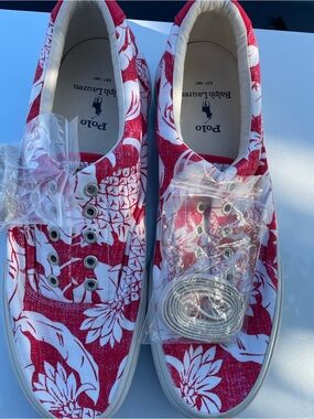 Polo by Ralph Lauren Red and White Floral Canvas Slip-Ons